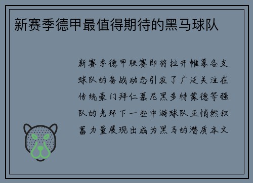 新赛季德甲最值得期待的黑马球队