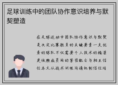 足球训练中的团队协作意识培养与默契塑造