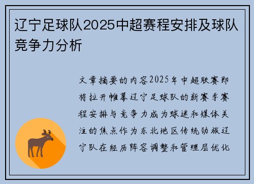 辽宁足球队2025中超赛程安排及球队竞争力分析